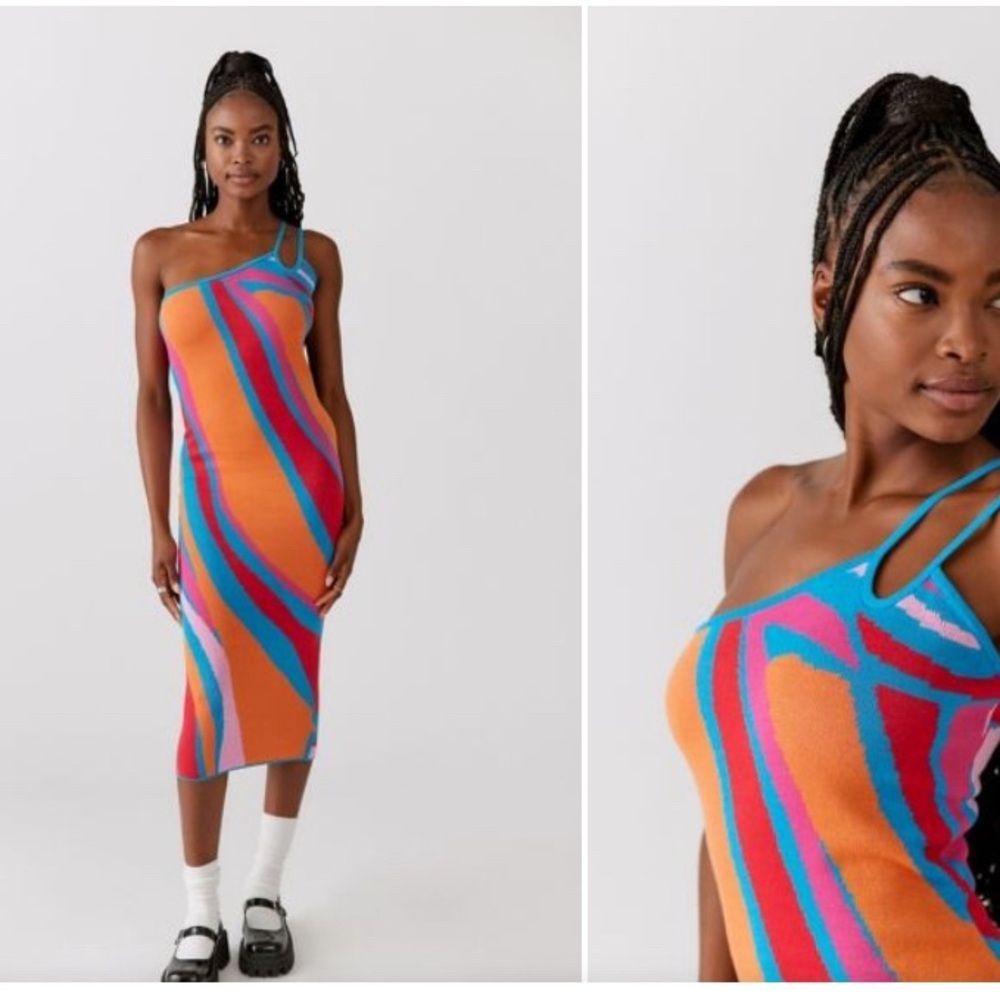 Another Girl Knit One Shoulder Midi Dress in Blue Multi